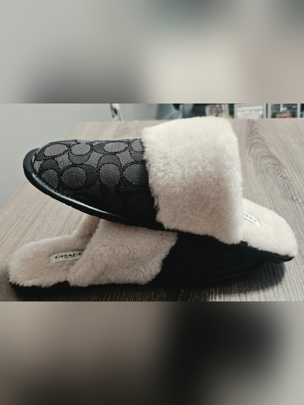 Coach Womens Zena Slip on Slippers in signature Jacquard monogram black size 9B